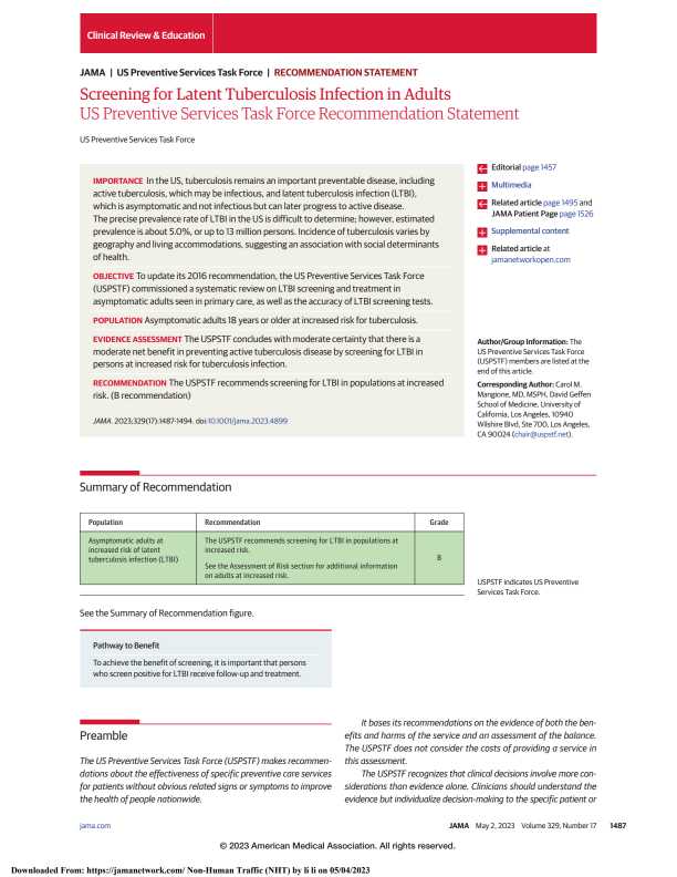 2023 USPSTF建议声明:成人潜伏性结核感染的筛查PDF电子书下载 - 中医养生阁中医教学-中医资料-中医医案-中医针灸-古籍珍本-中医基础-中医经典-中医-名家学术-中医男科-疾病专治-经方论治-名族医药-中医方剂-中药本草-中医拔罐-中医刮痧-推拿按摩-中医内科-中西结合-中医妇科-中医皮肤-中医医话-中医外科-中医儿科-中医儿科-海外中医-特色疗法-中医骨伤-中医四诊-中医养生阁